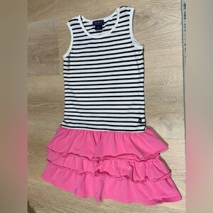 Toobydoo Girls Blue & White striped Tank Dress with Pink Ruffle Skirt. Size 8